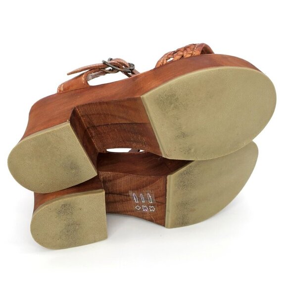 Bed Stu Kenya Cognac Leather Heeled Wooded Chunky Platform Sandals Women's 7.5 - Picture 6 of 8
